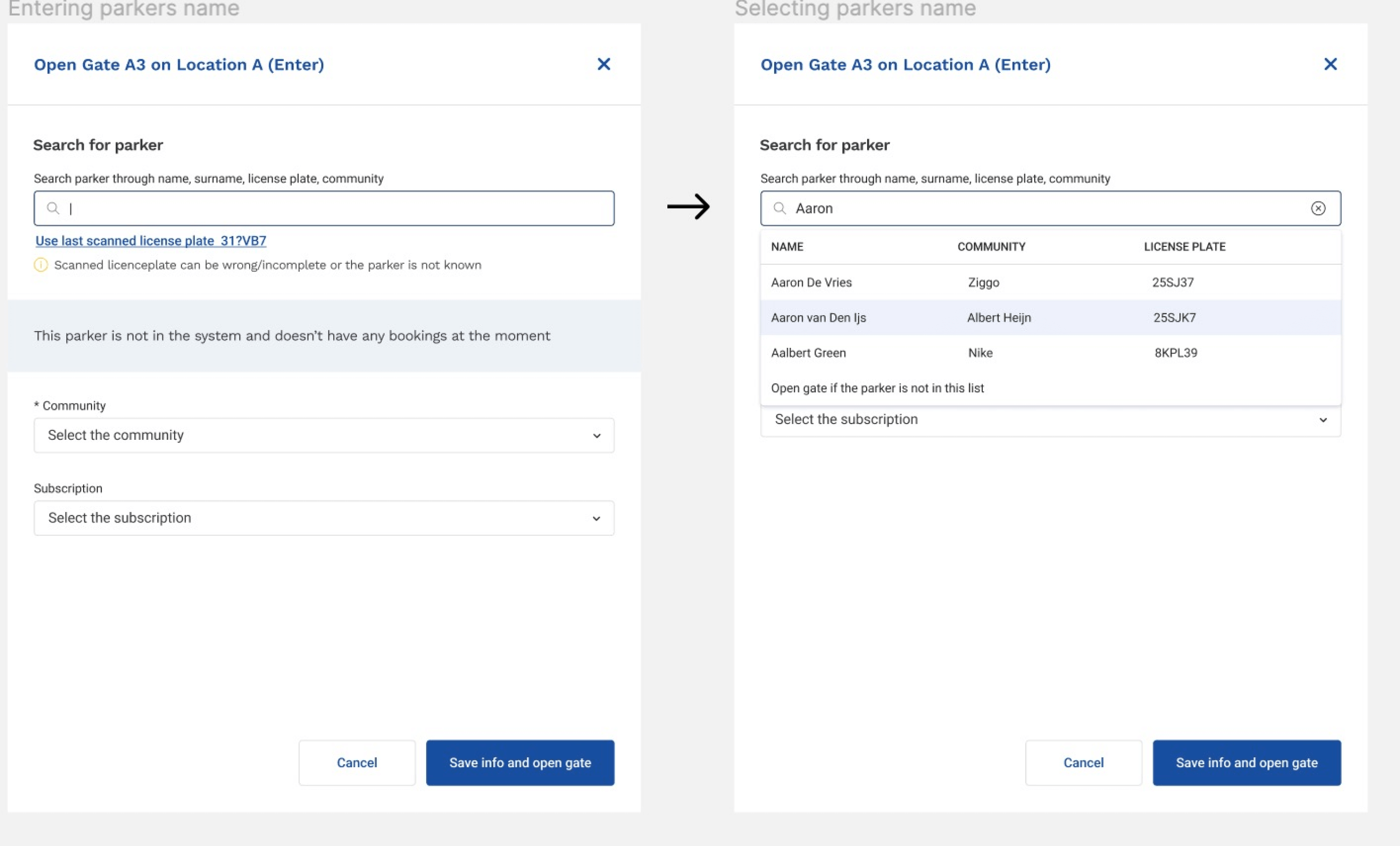 View of modal window: default search and search with a dropdown