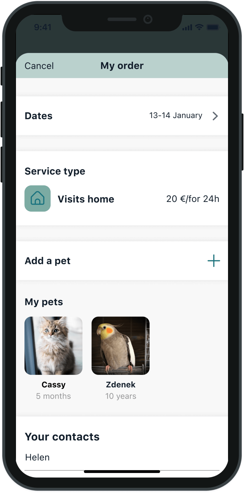 Pet booking app – my order screen
