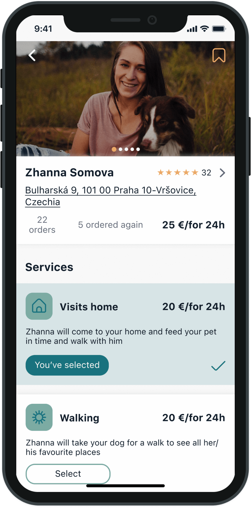Pet booking app – petsitter card screen