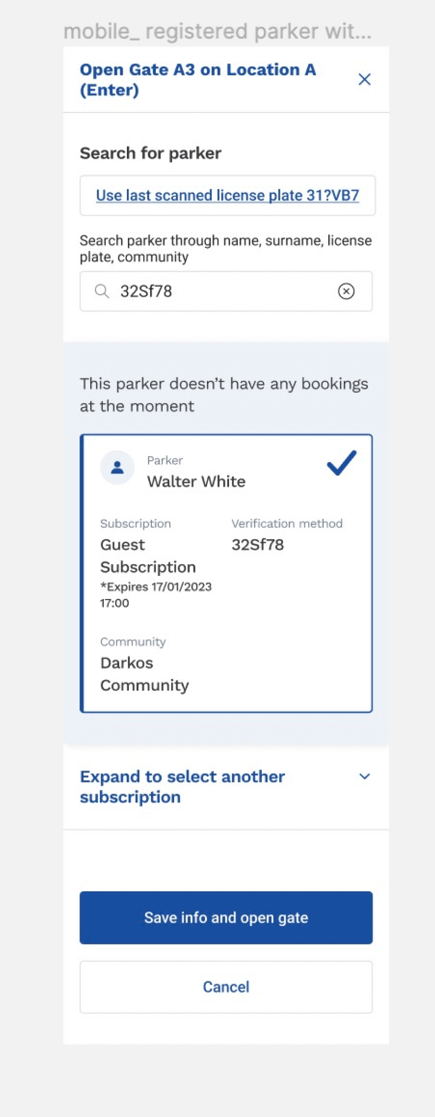 View of modal window: a parker without booking