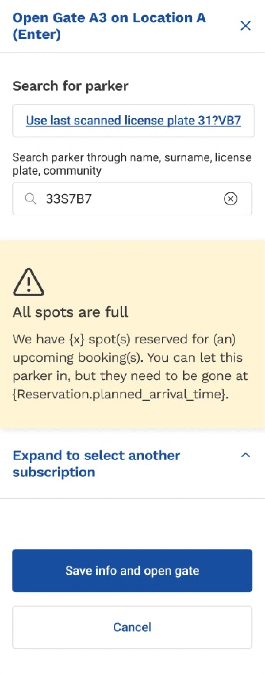 View of modal window: parking lot is full